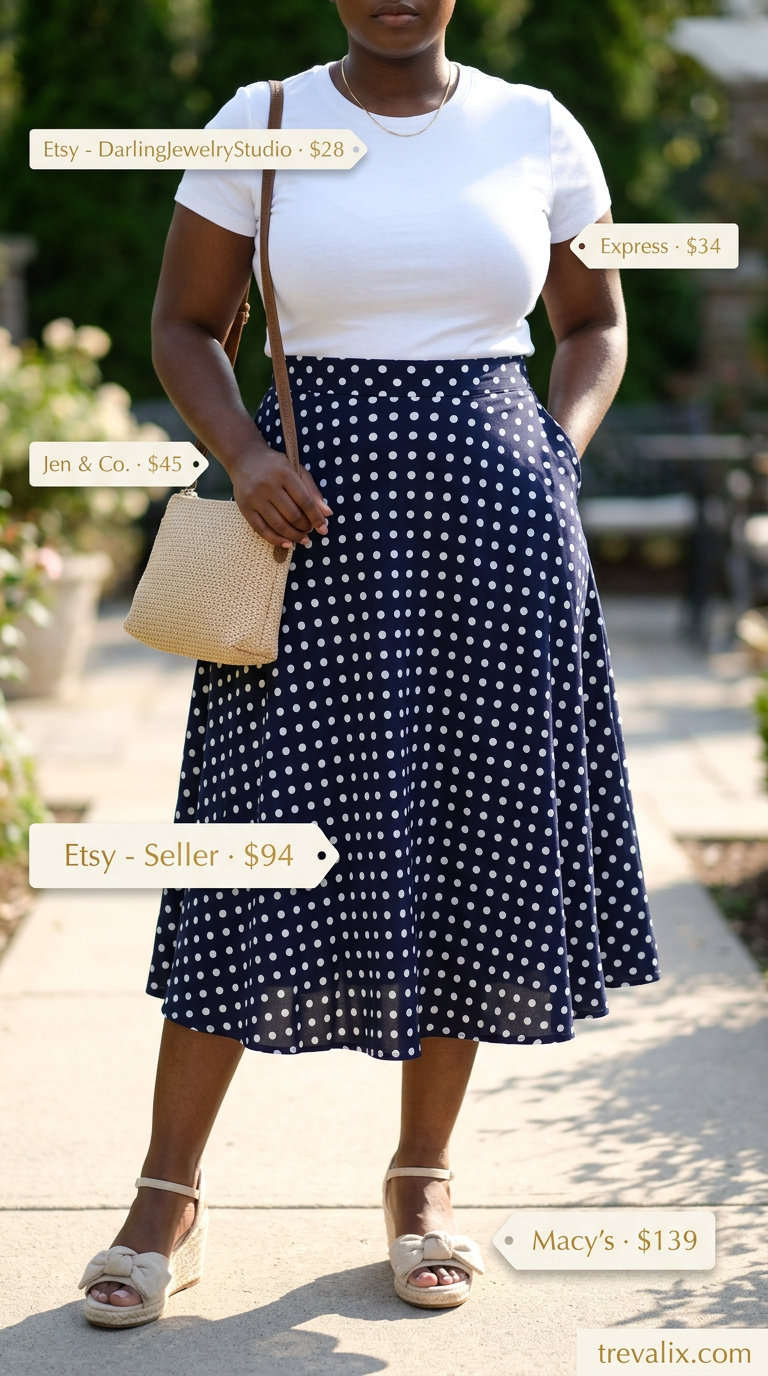 Bold curvy outfit summer for women 2026: Black polka dot midi skirt, white tee, and straw crossbody for casual day.