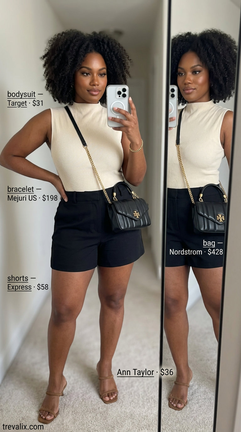 Bold curvy outfit summer for women 2026: Black tailored shorts, cream bodysuit, heeled mules for smart casual.