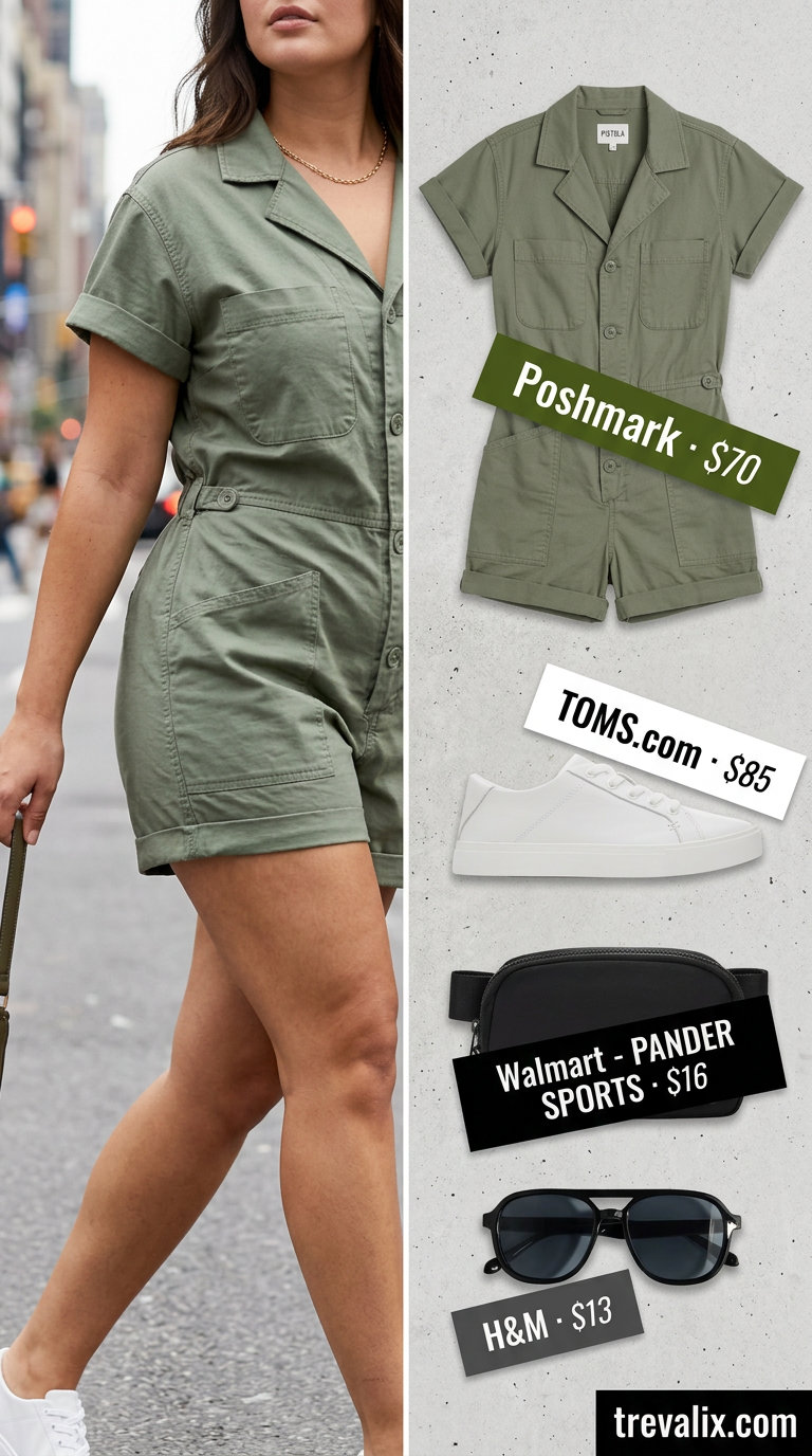 Bold curvy outfit summer for women 2026: Khaki utility romper, white sneakers, and black belt bag for city exploration.