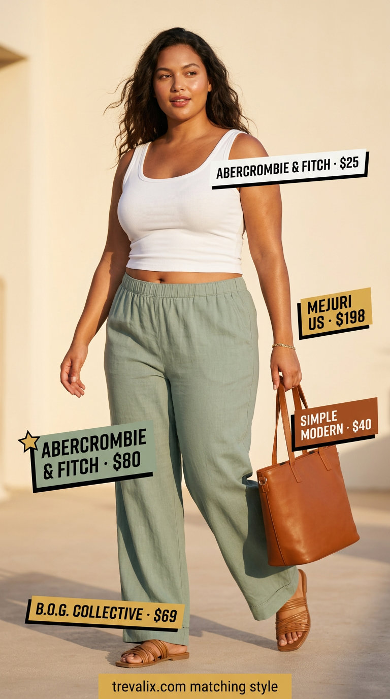Bold curvy outfit summer for women 2026: Olive green wide-leg pants, white tank, leather slides for a casual day.