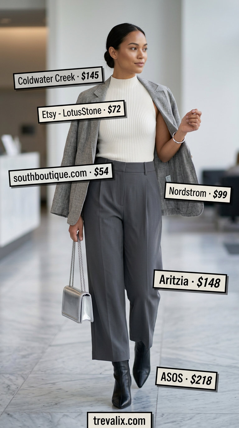 Breathable summer business casual outfit for women 2026: Charcoal linen trousers, ivory top, grey blazer, silver bag.