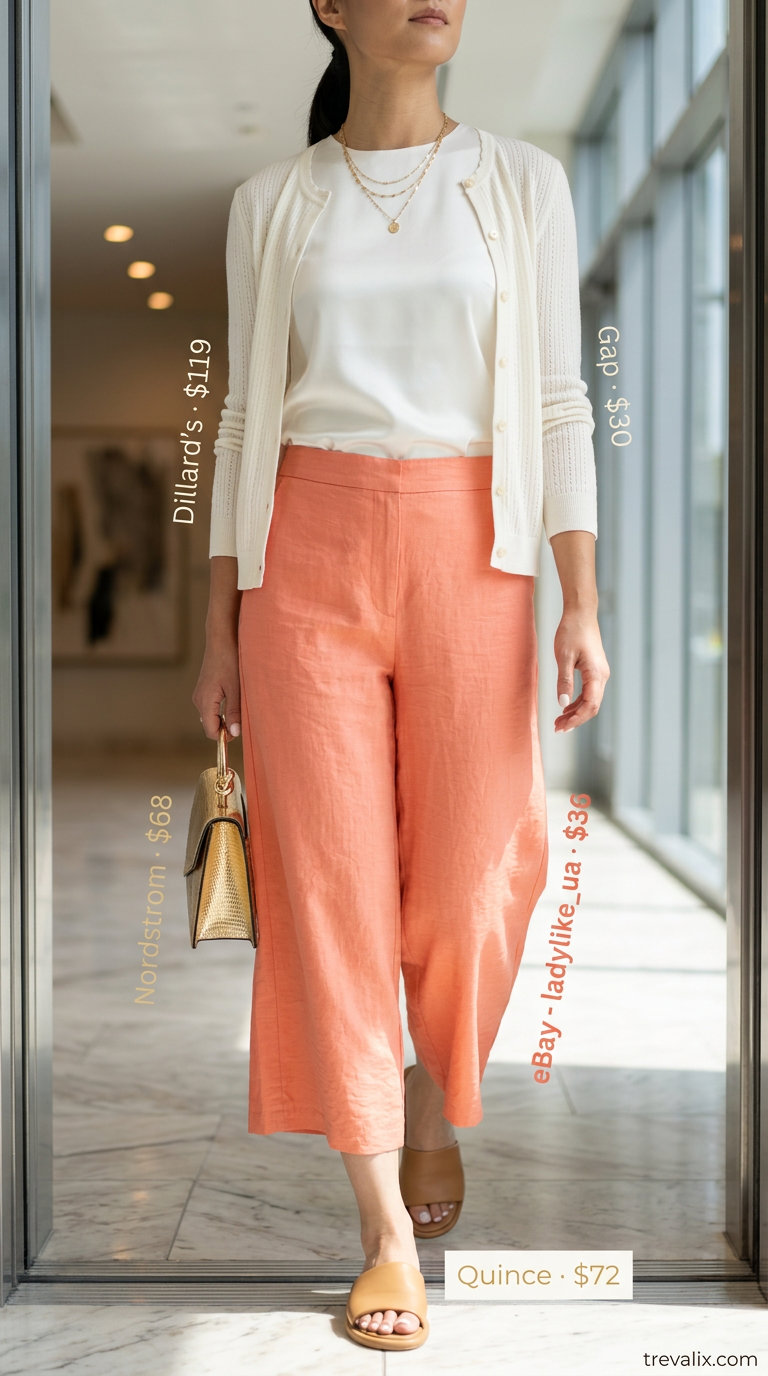 Breathable summer business casual outfit for women 2026: Coral linen culottes, ivory blouse, tan sandals, ivory cardigan.