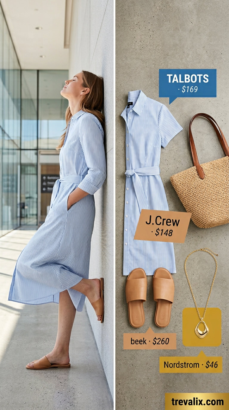 Breathable summer business casual outfit for women 2026: Light blue shirt dress, tan sandals, straw tote.