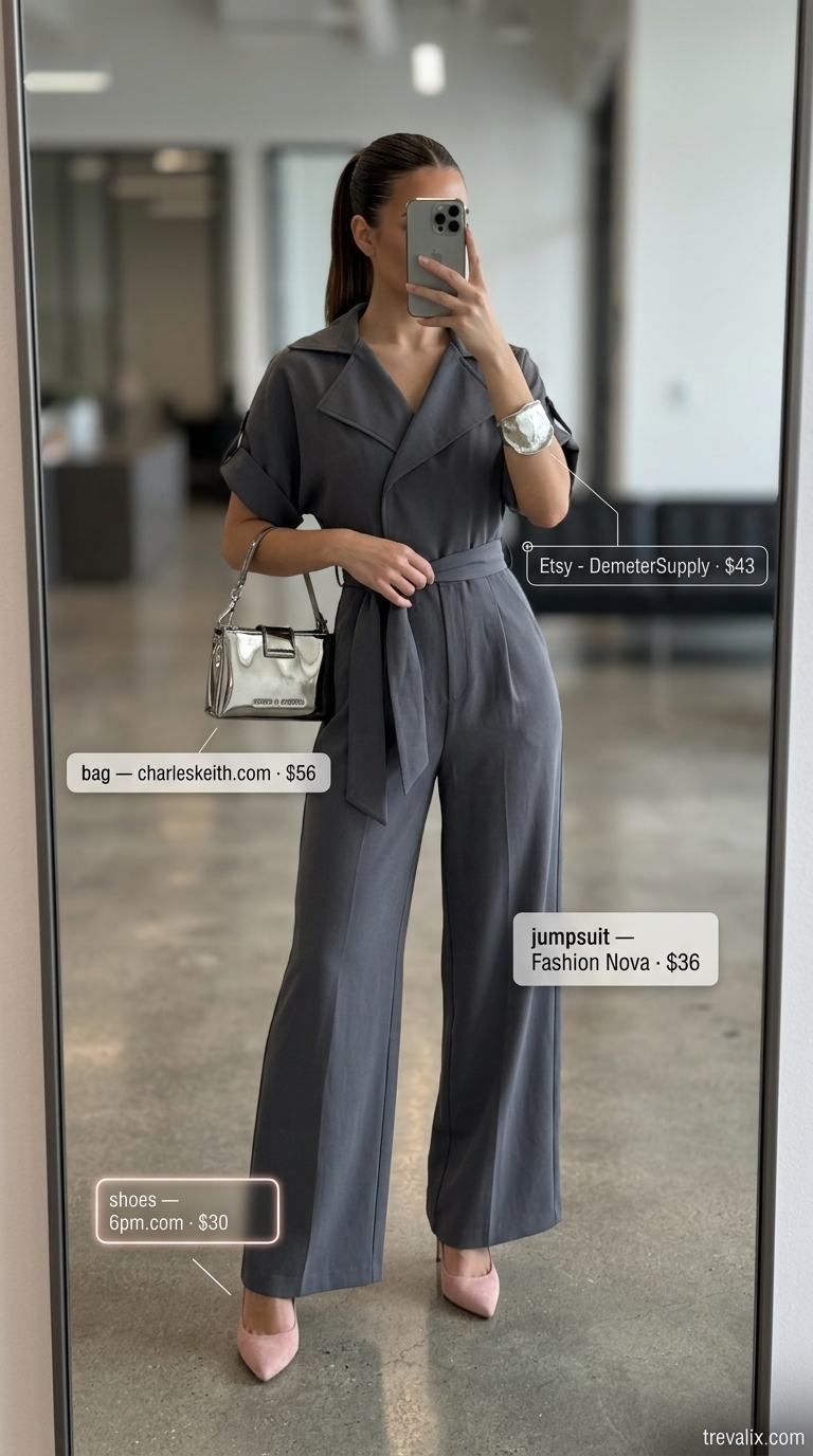 Breathable summer business casual outfit for women 2026: Charcoal grey jumpsuit, blush pink heels, silver cuff & clutch for office.