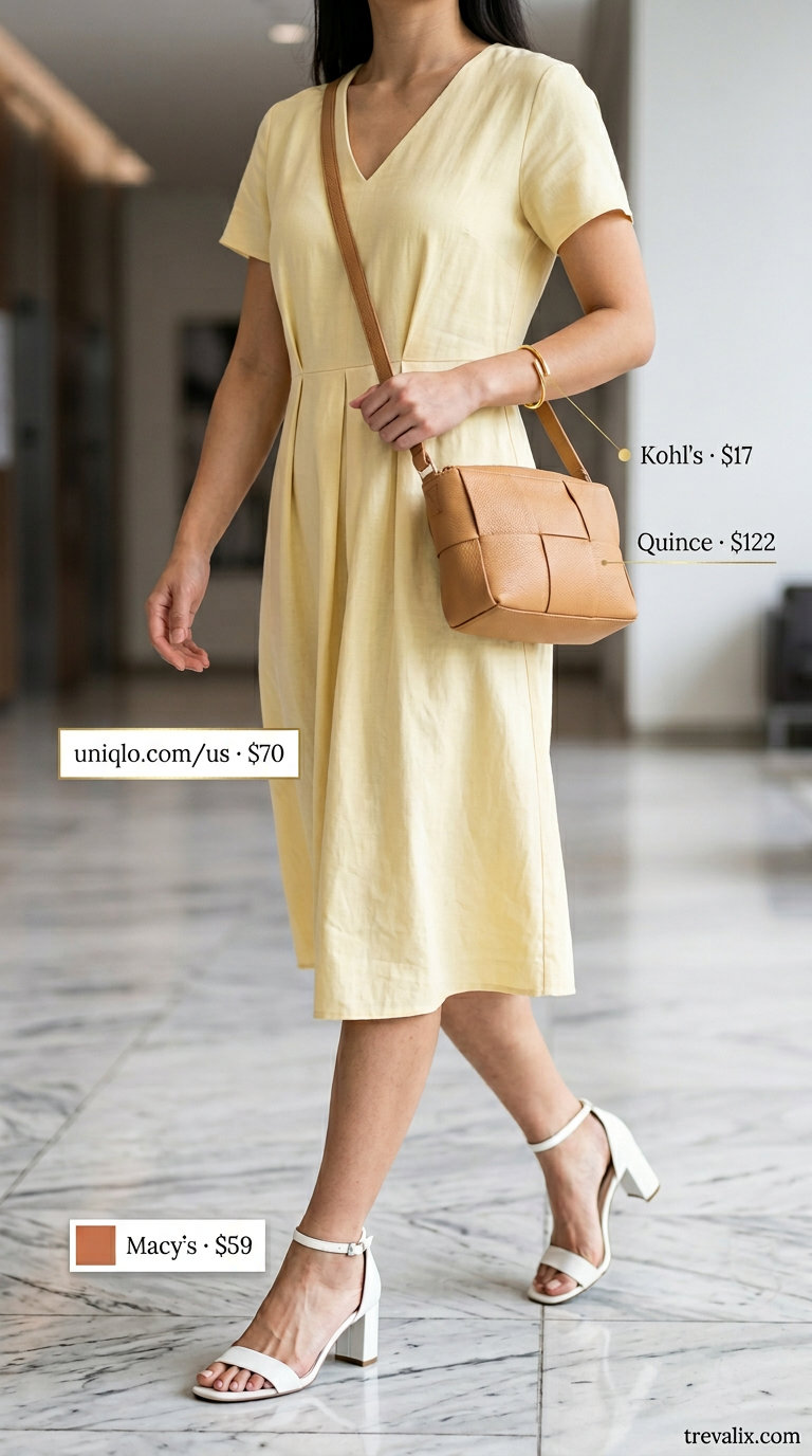 Breathable summer business casual outfit for women 2026: Linen midi dress, block heels, crossbody bag & cuff for office.