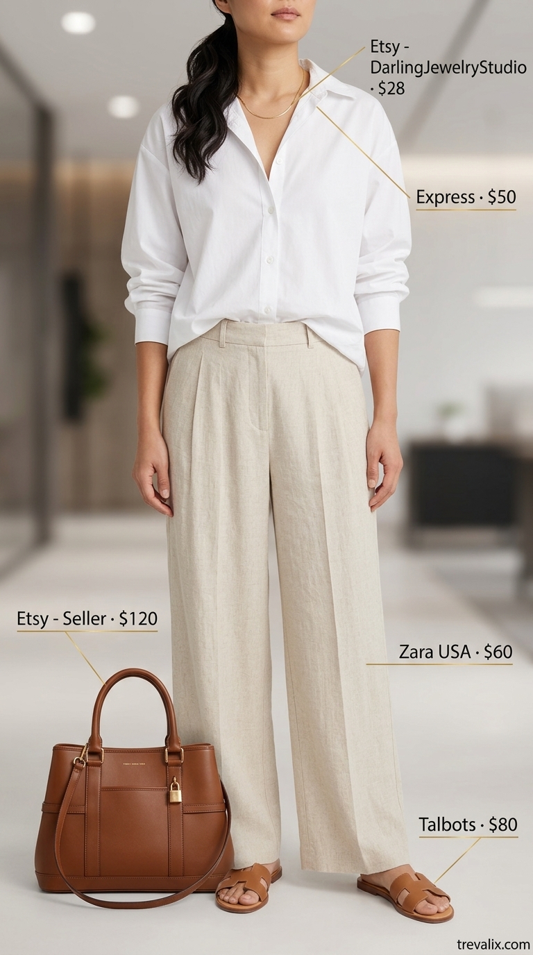 Breathable summer business casual outfit for women 2026: Linen pants, white shirt, tan sandals & tote for office.
