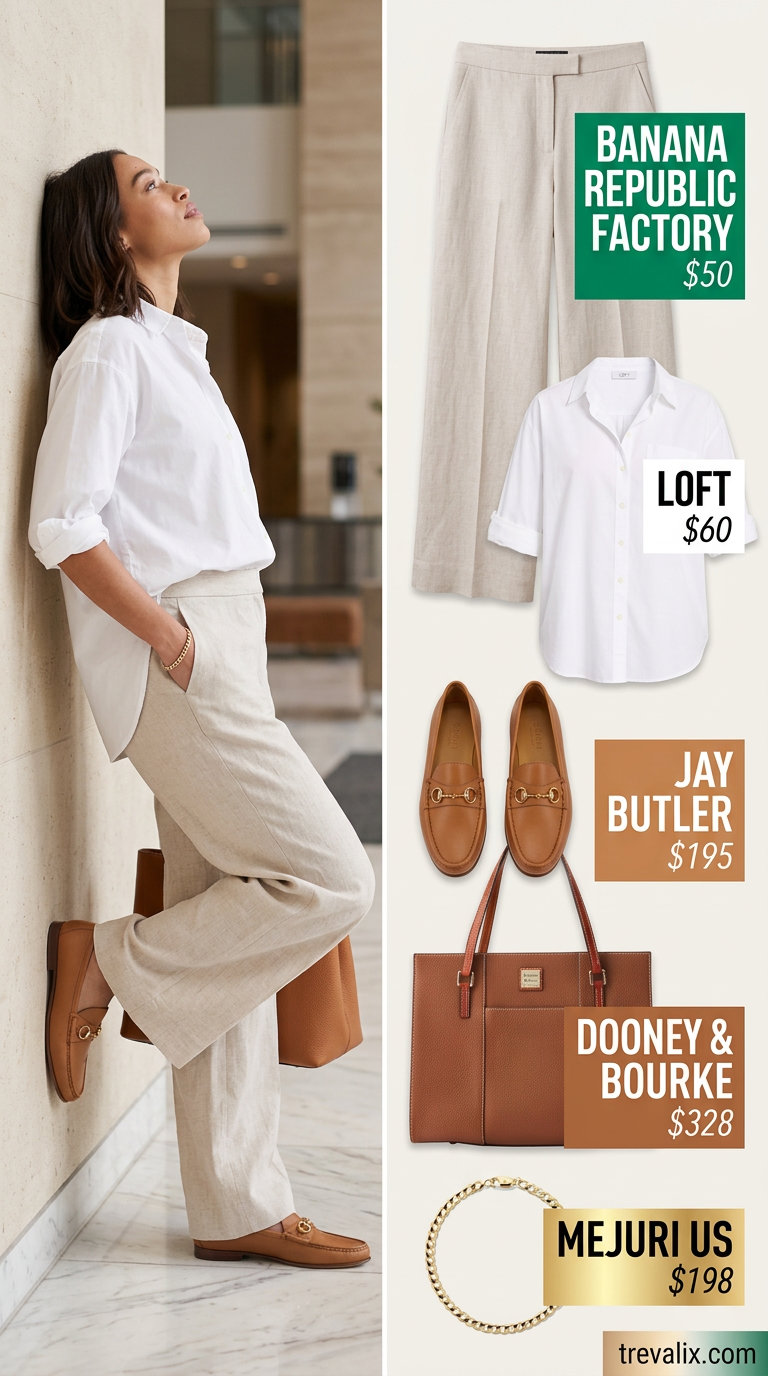 Breathable summer business casual outfit for women 2026: Light beige linen pants, white shirt, tan loafers, cognac tote.