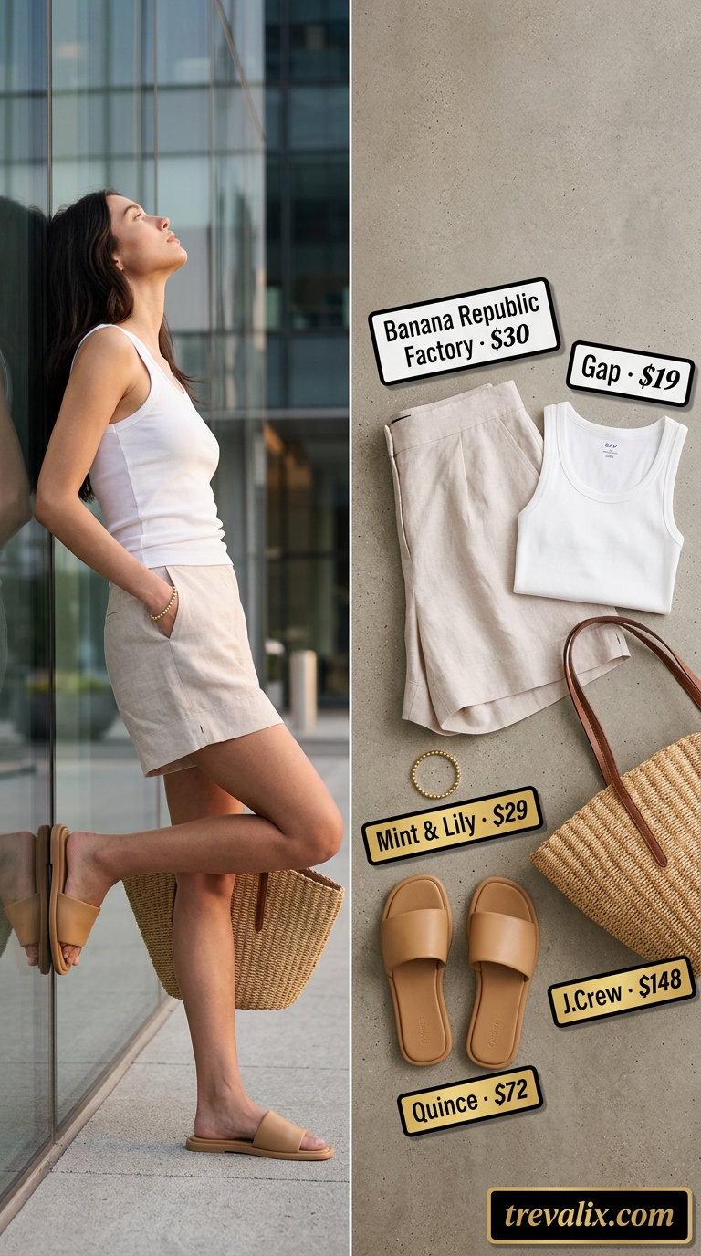 Breathable summer business casual outfit for women 2026: Khaki linen shorts, white tank, straw tote & sandals for office.