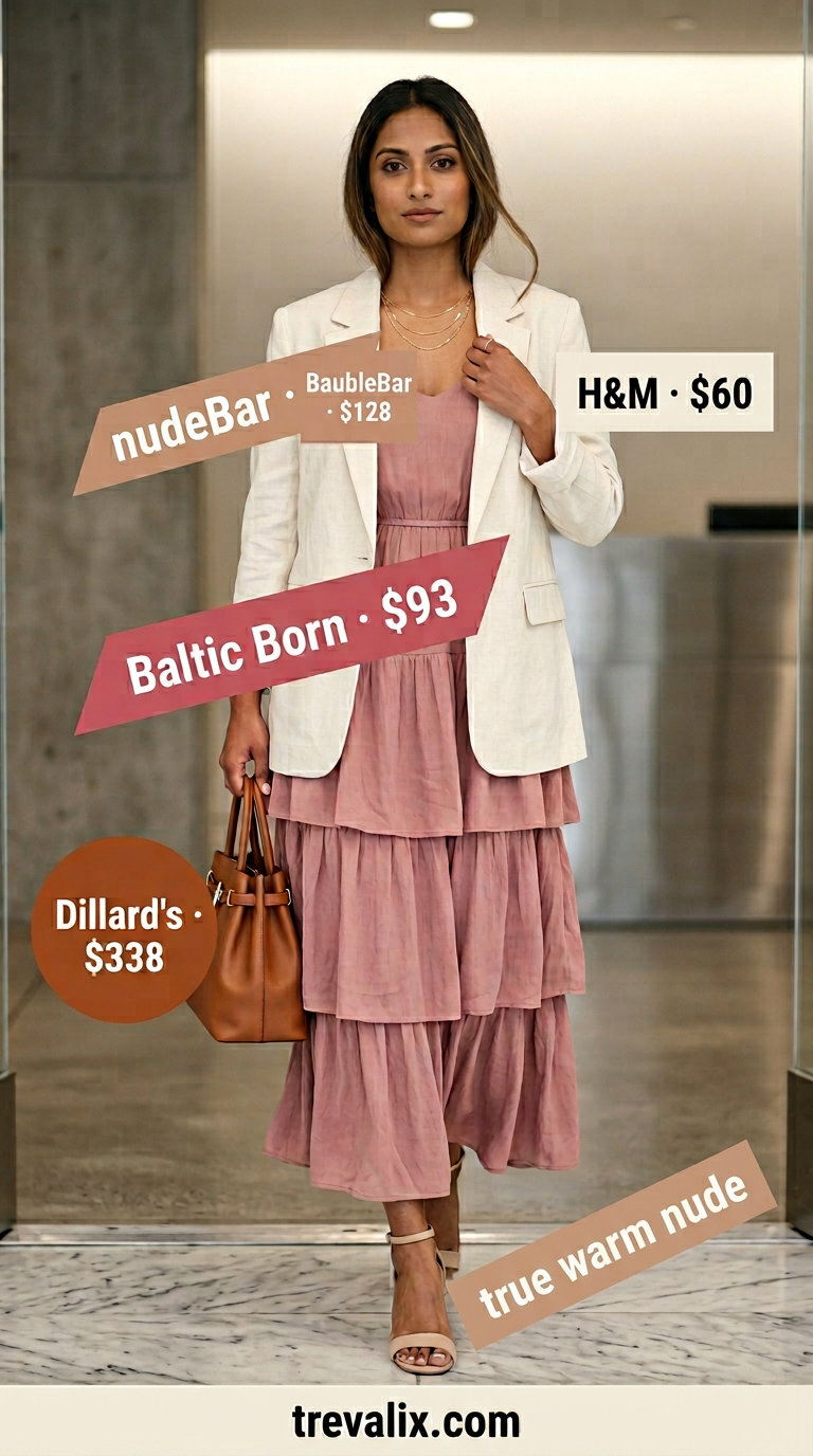 Breathable summer business casual outfit for women 2026: Dusty rose maxi dress, cream blazer, nude heels.