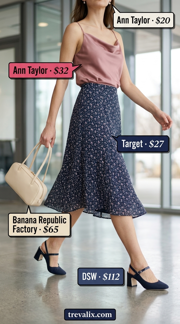 Breathable summer business casual outfit for women 2026: Navy midi skirt, blush pink top, navy mules, cream bag.