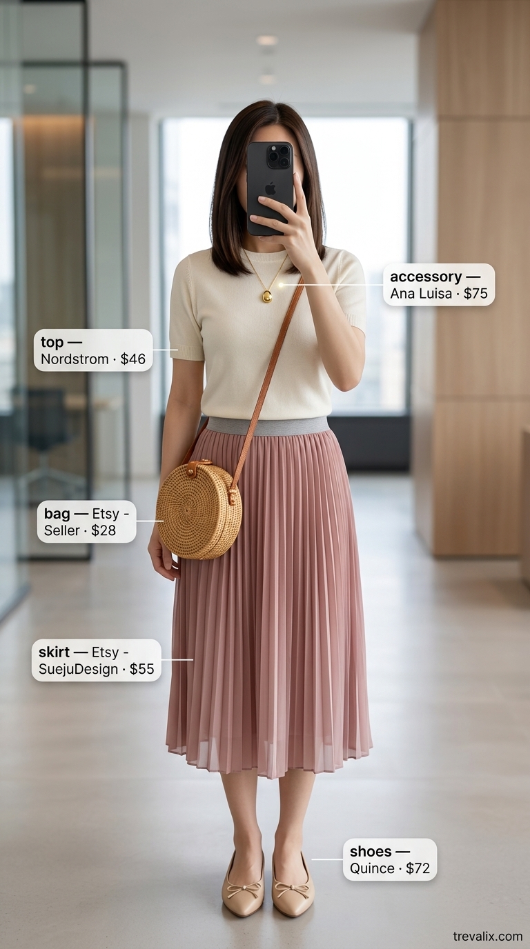 Breathable summer business casual outfit for women 2026: Dusty rose skirt, cream knit top, ballet flats & straw bag for office.