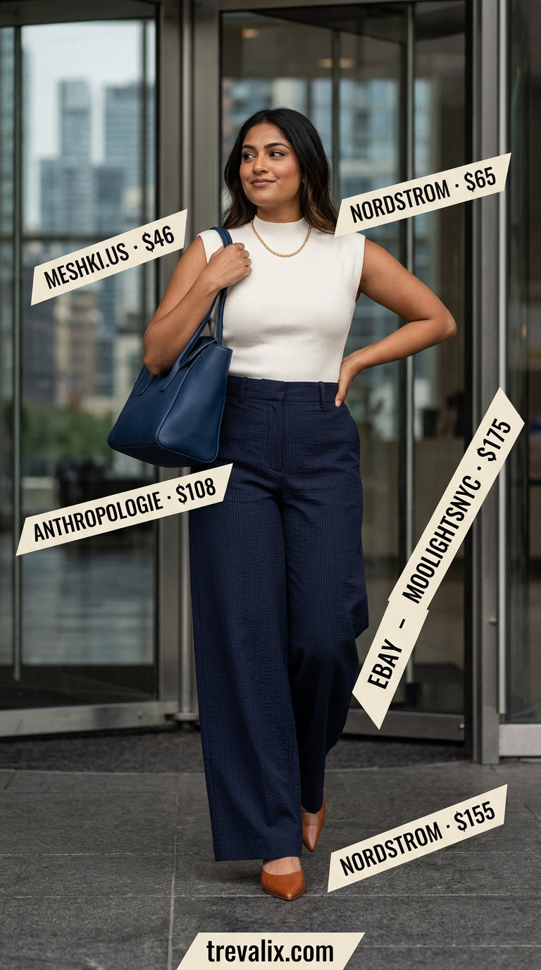 Breathable summer business casual outfit for women 2026: Navy seersucker pants, ivory knit top, tan mules, navy tote.