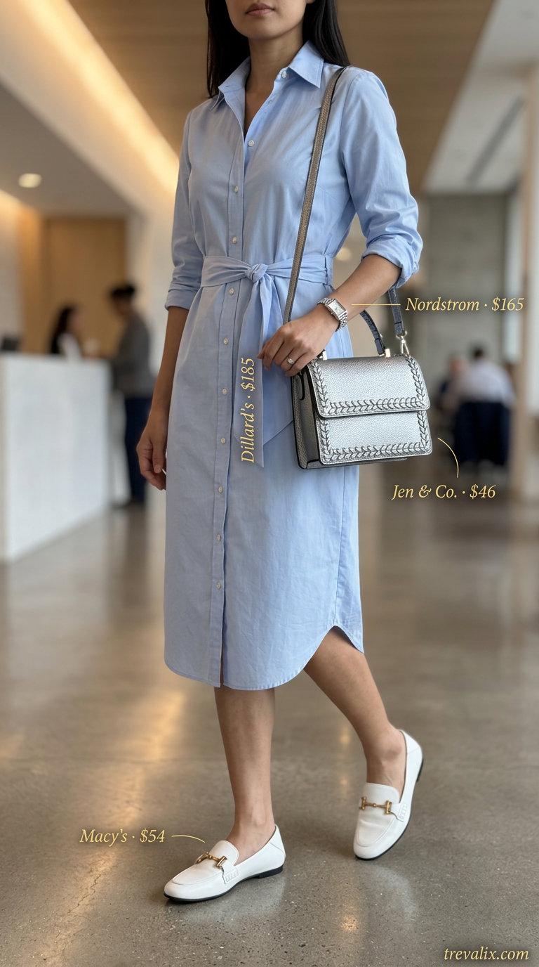 Breathable summer business casual outfit for women 2026: Blue shirt dress, silver watch & crossbody bag for office.