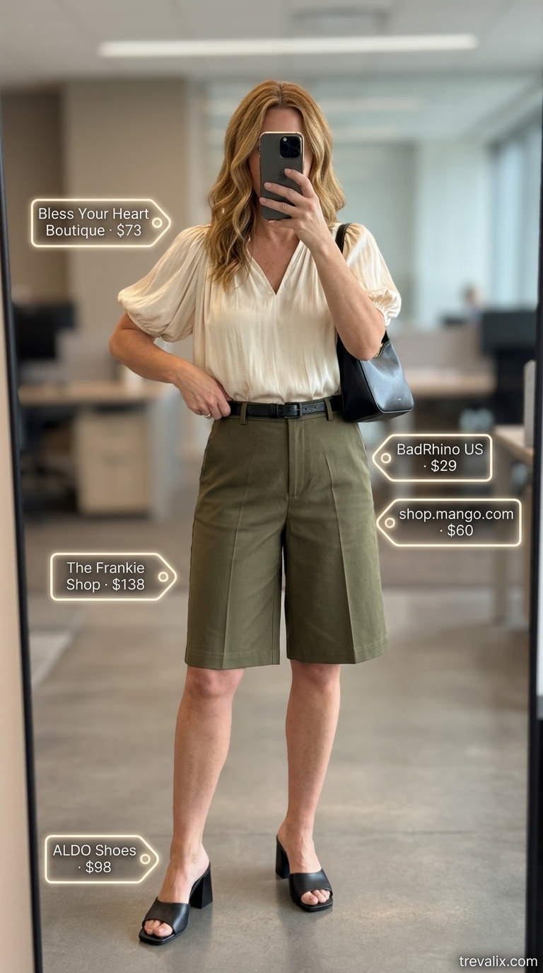 Breathable summer business casual outfit for women 2026: Olive shorts, cream blouse, block heels & shoulder bag for office.