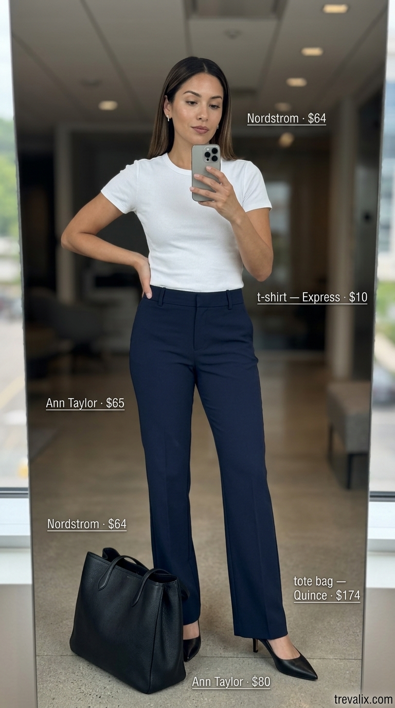 Breathable summer business casual outfit for women 2026: Navy trousers, white knit top, black pumps & tote for office.