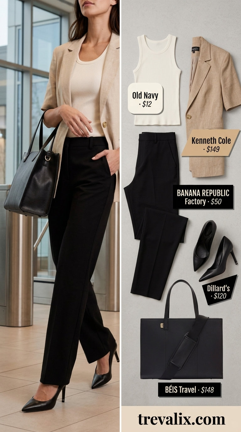 Beige short sleeve blazer, white tank, black trousers. Breathable summer business casual outfit for women 2026.