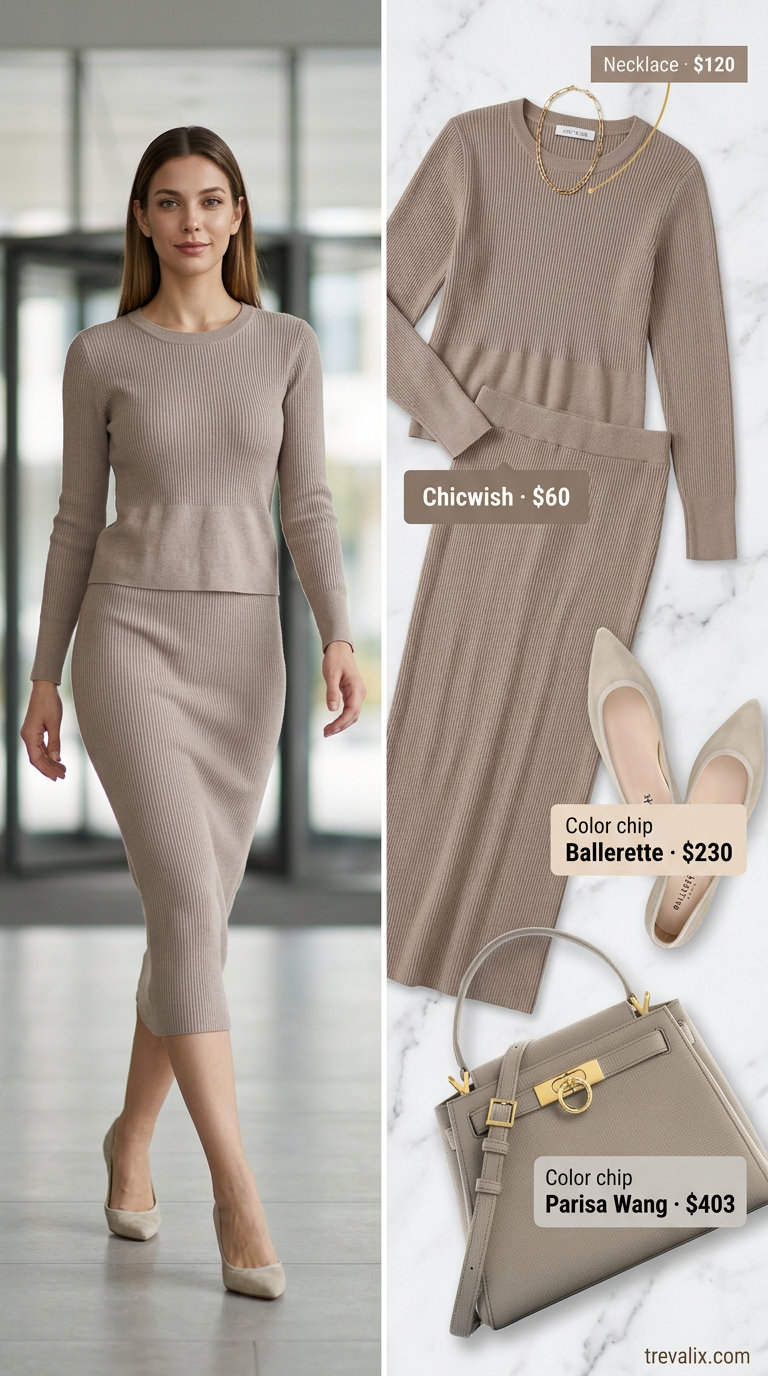 Taupe knit skirt and top set with gold necklaces. Breathable summer business casual outfit for women 2026.