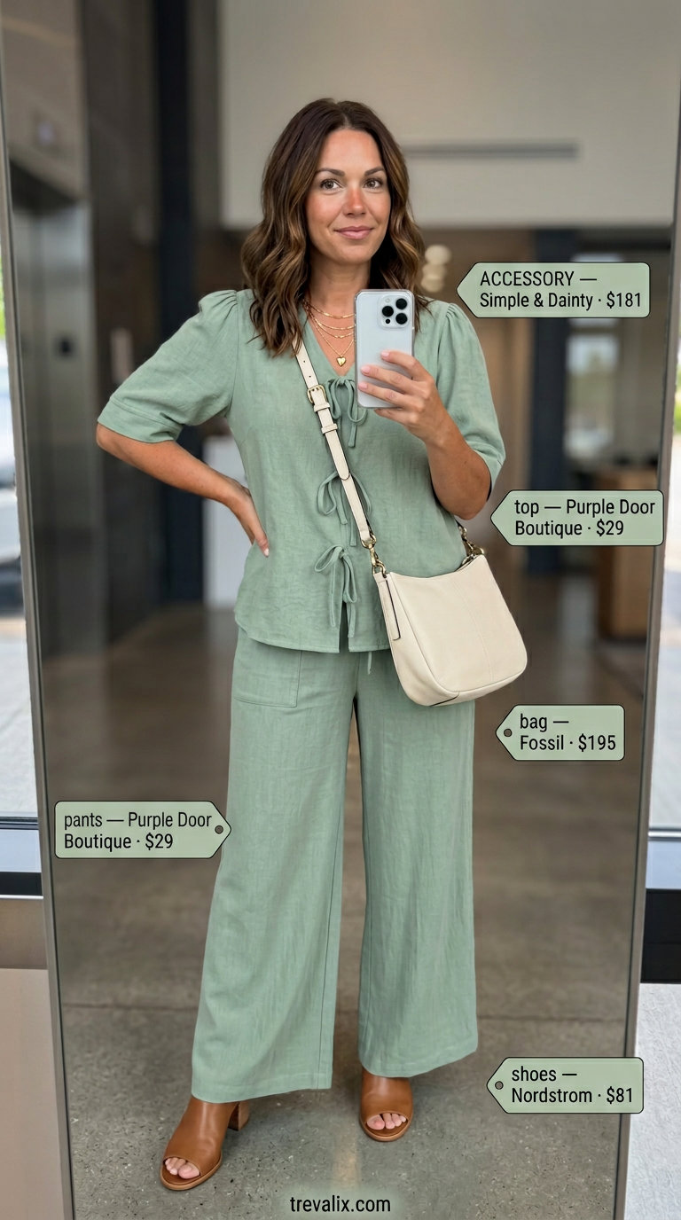 Sage green linen top and wide-leg pants set. Breathable summer business casual outfit for women 2026.