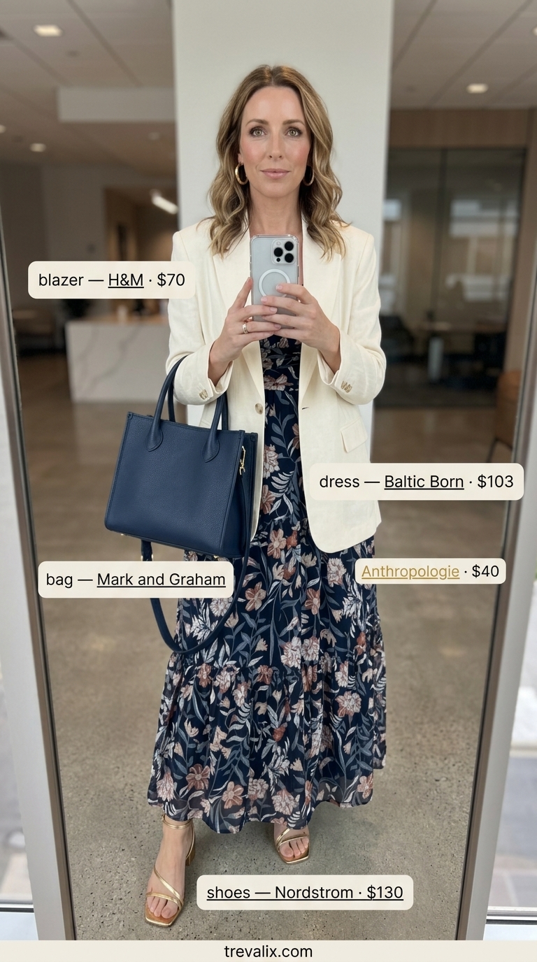 Navy floral maxi dress with cream linen blazer, gold sandals. Breathable summer business casual outfit for women 2026.