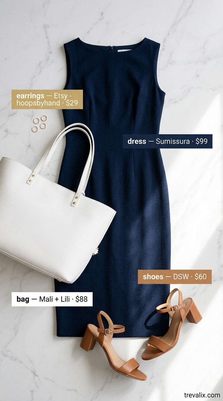 Navy sleeveless shift dress with tan block heel sandals. Breathable summer business casual outfit for women 2026.