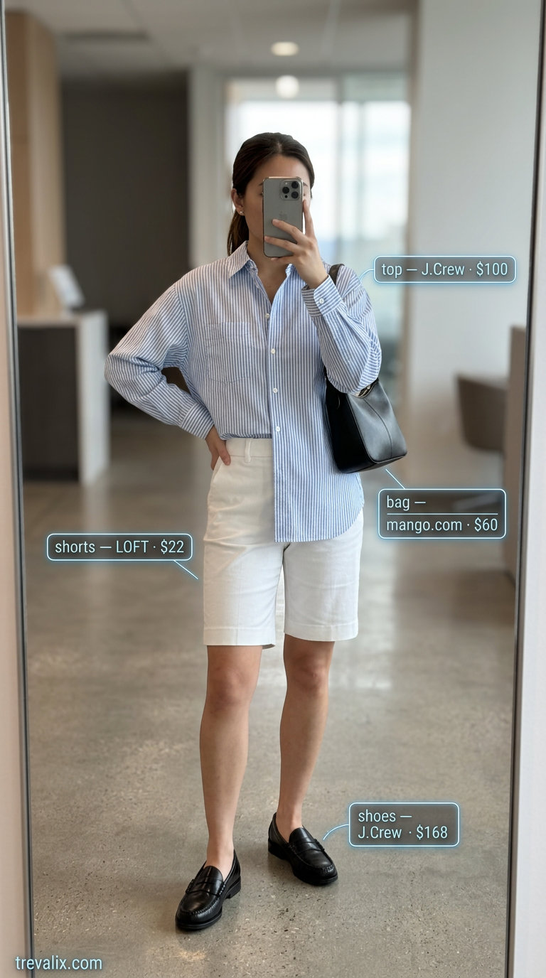 Light blue striped button-down, white Bermuda shorts, black loafers. Breathable summer business casual outfit for women 2026.