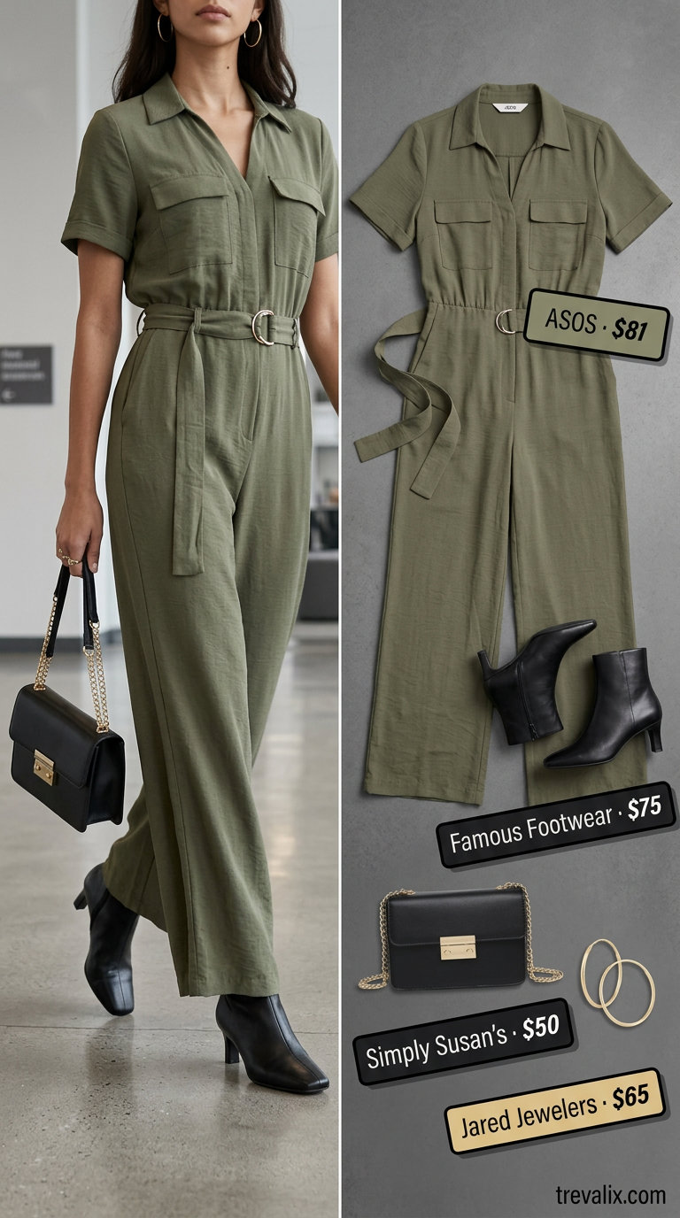 Olive green utility jumpsuit with gold hoops. Breathable summer business casual outfit for women 2026.