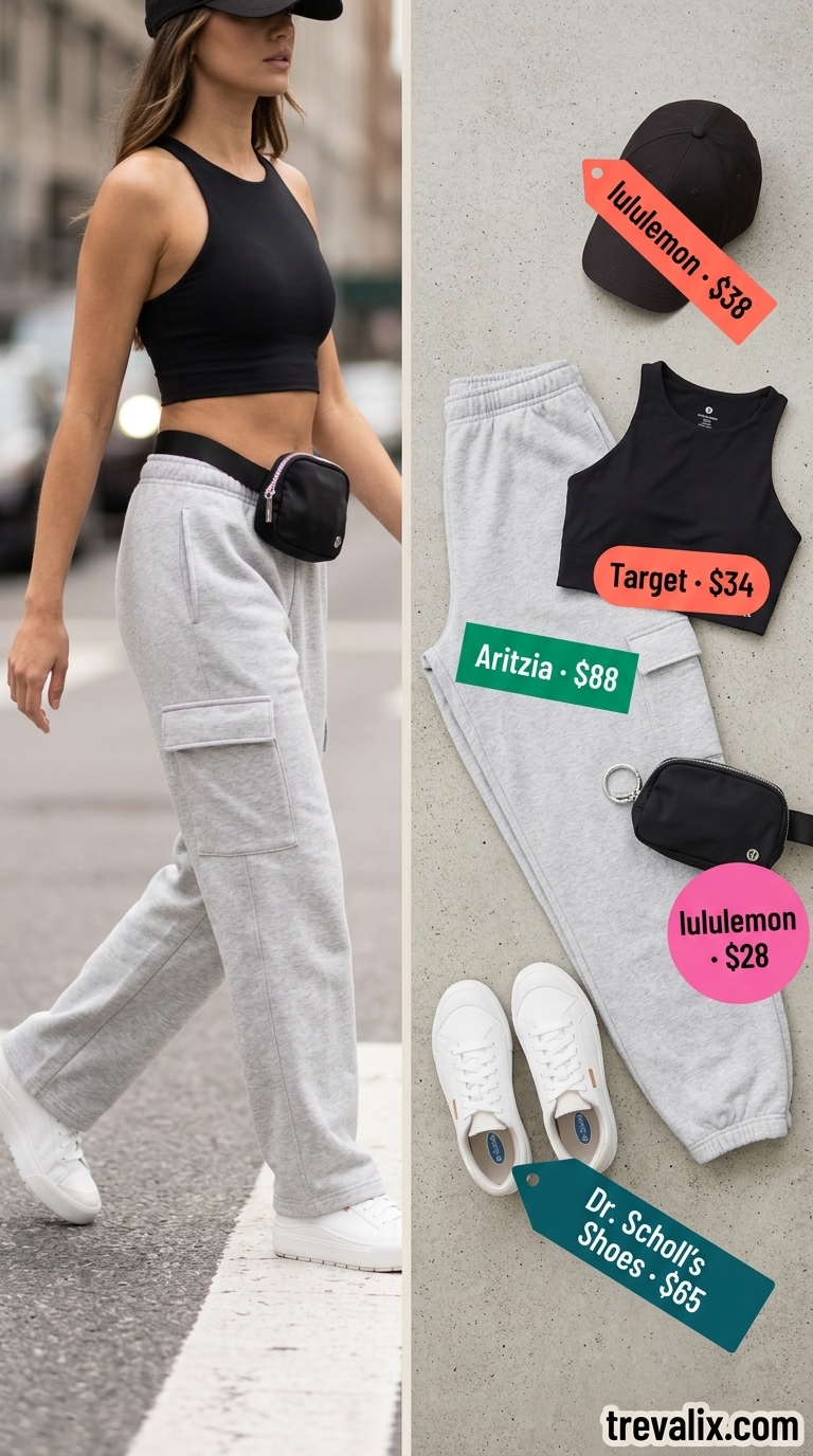 Grey knit cargo pant outfits summer for women 2026, styled with black crop top and sneakers.