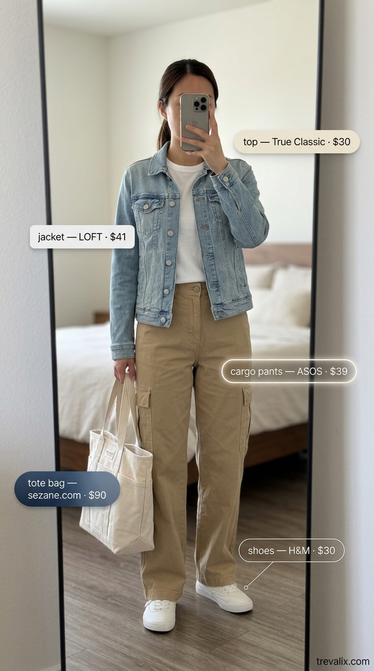 Beige cargo pants with a white tee, denim jacket, and canvas tote. Cargo pant outfits summer for women 2026.