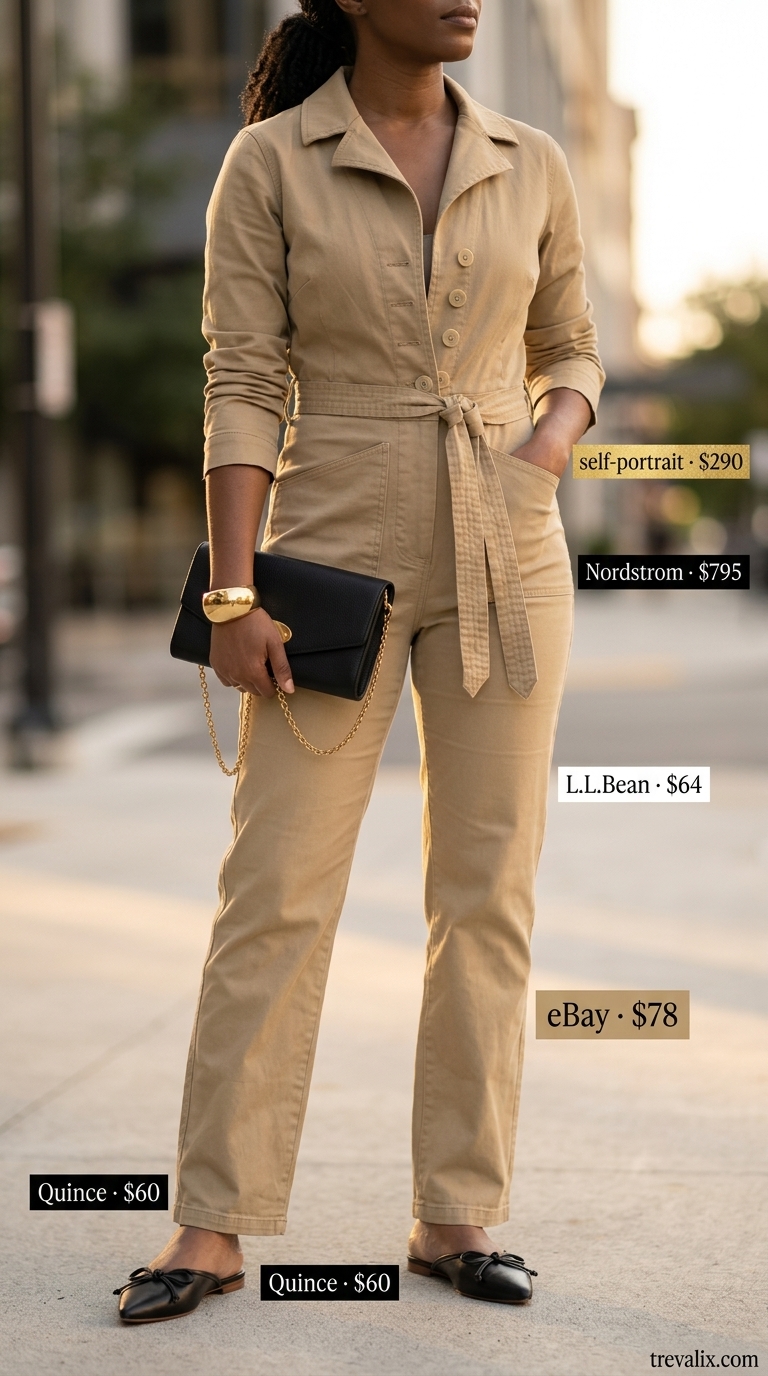 Khaki utility jumpsuit outfits summer for women 2026, styled with black mules and gold jewelry.