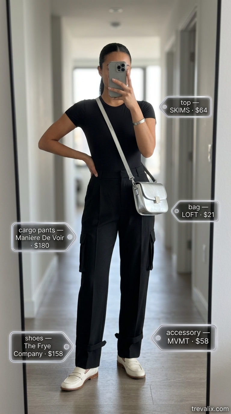 Black tailored cargo pant outfits summer for women 2026, styled with white bodysuit, loafers, and silver bag.