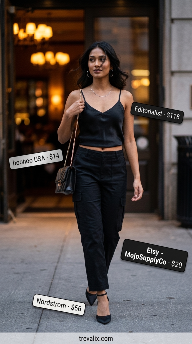 Black sleek cargo pants with black camisole and stiletto heels. Cargo pant outfits summer for women 2026.