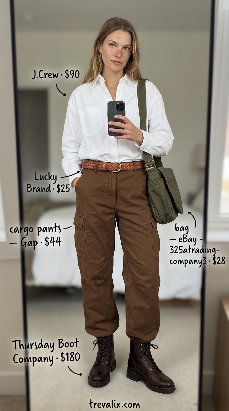 Beige cargo pants with oversized white shirt and combat boots. Cargo pant outfits summer for women 2026.