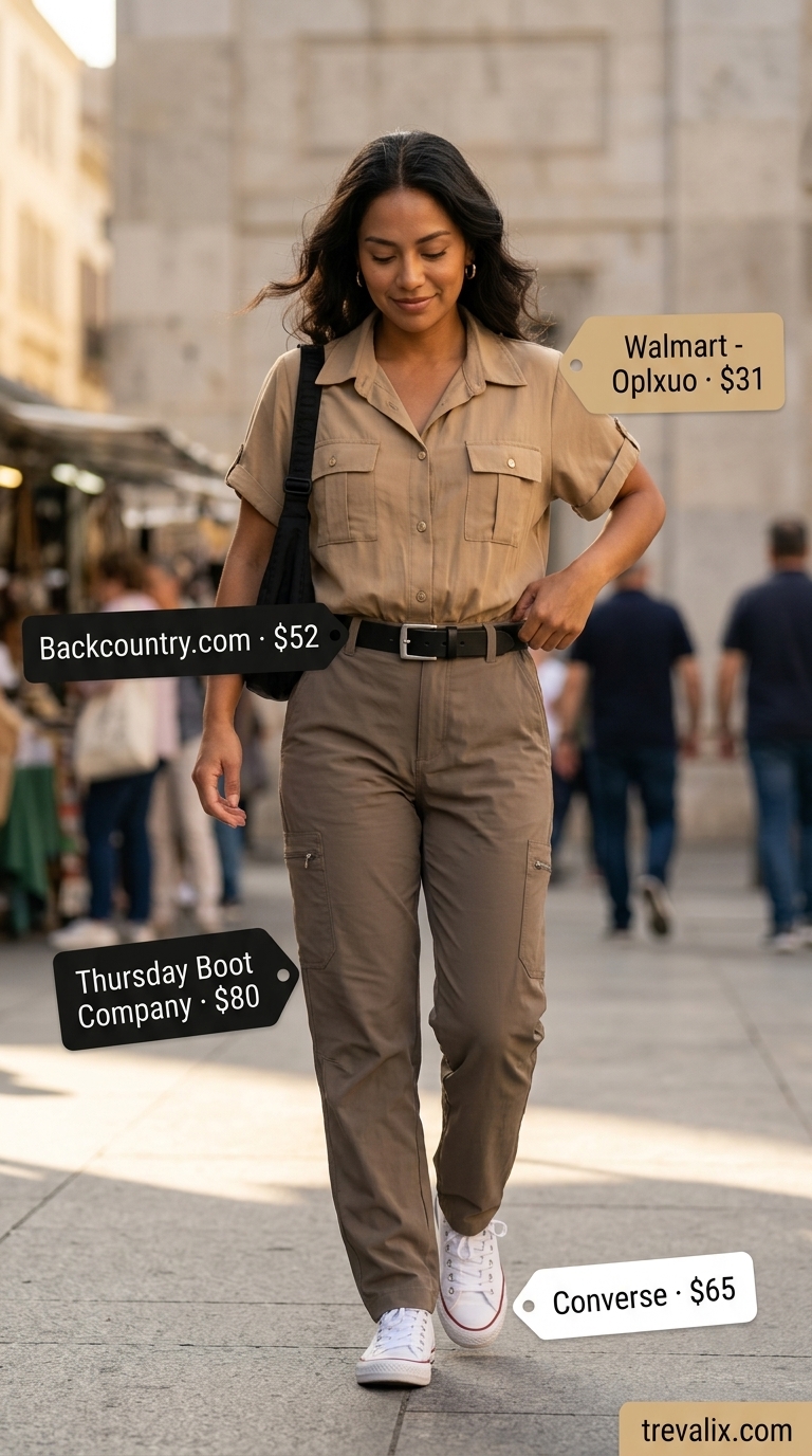 Chic khaki utility jumpsuit with white tee and black accessories. Cargo pant outfits summer for women 2026.