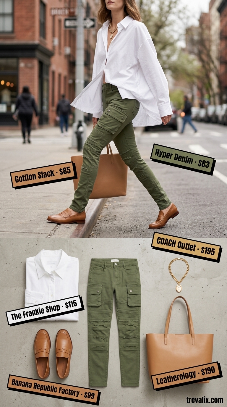Olive green cargo pant outfits summer for women 2026, with oversized white shirt, loafers, and tan tote.
