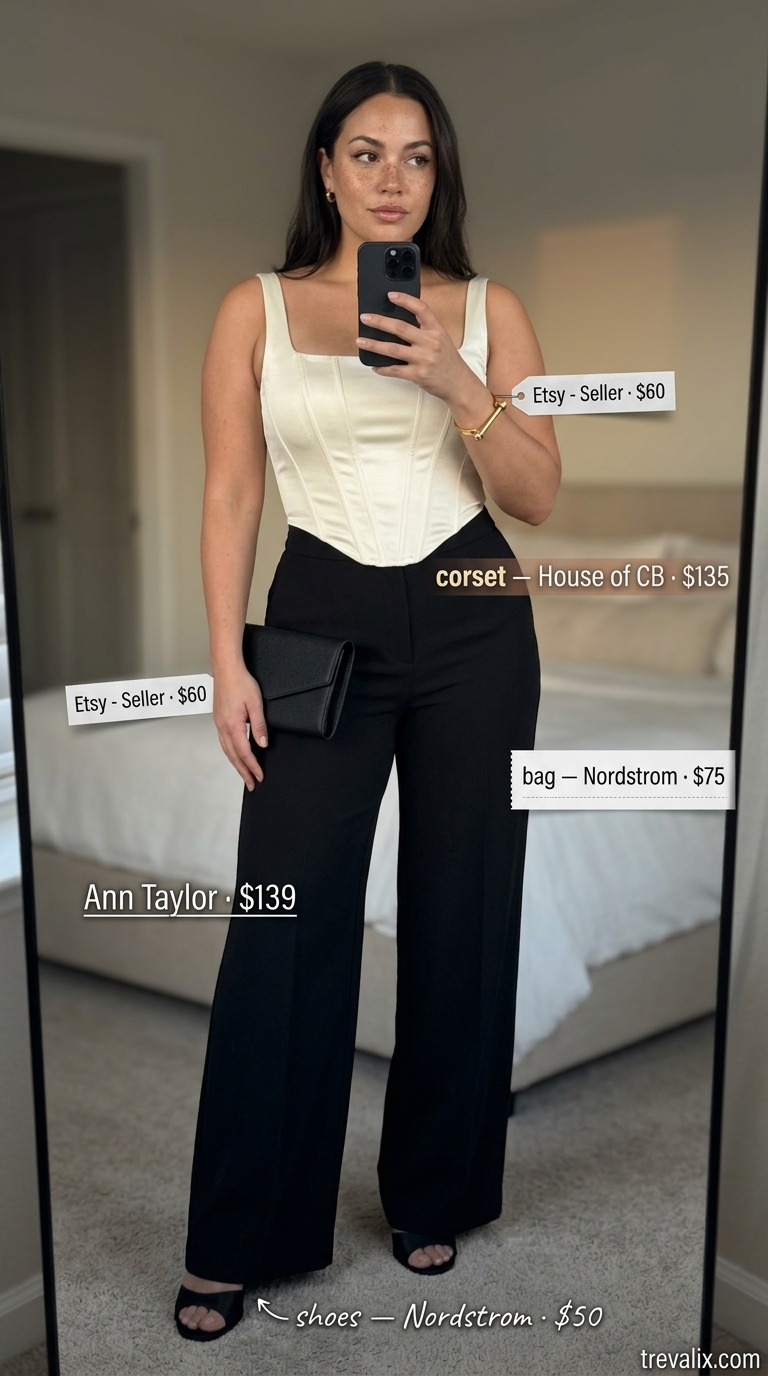 Black wide-leg trousers with white corset top and stiletto heels. Cargo pant outfits summer for women 2026.