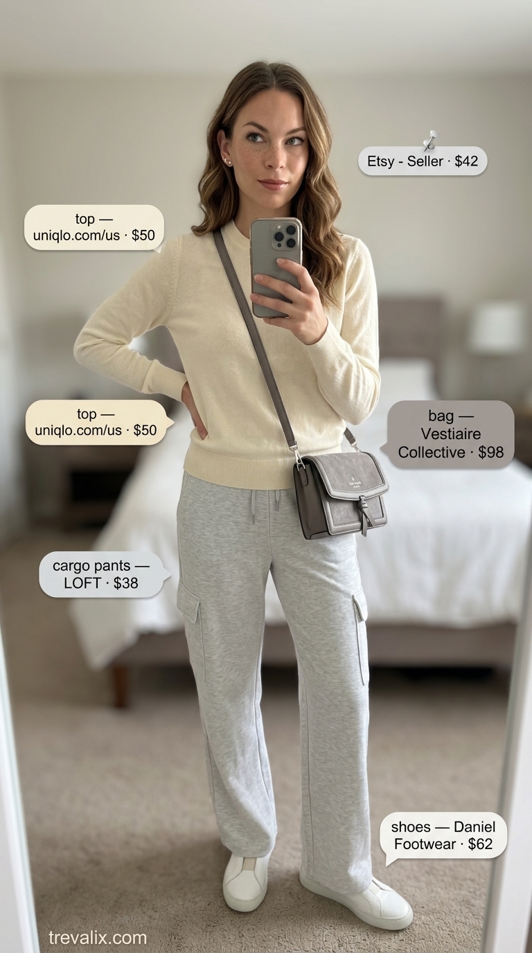 Cargo pant outfits summer for women 2026: Grey knit cargos, cream sweater, white sneakers for elevated athleisure.
