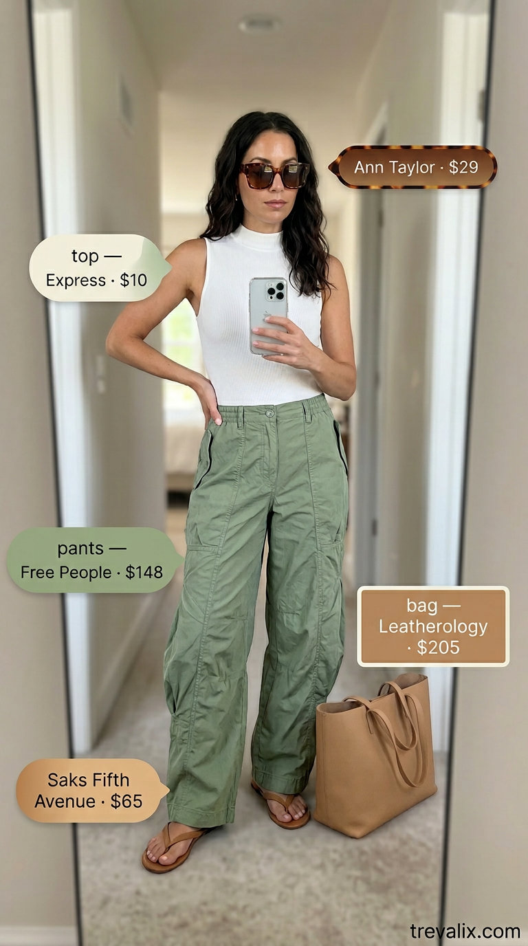 Cargo pant outfits summer for women 2026: Sage green wide-leg cargos, white mock neck, tan sandals for chic travel.