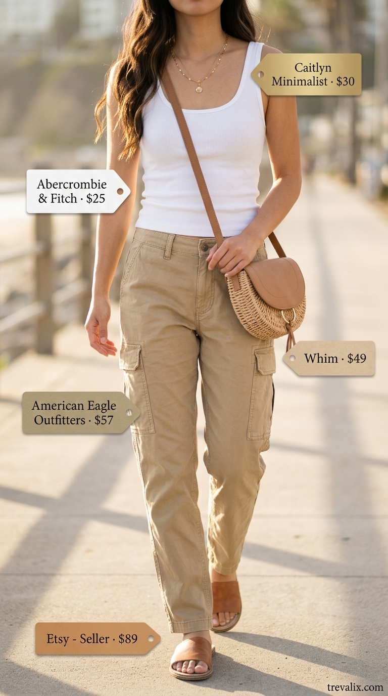 Cargo pant outfits summer for women 2026: Khaki cargos, white tank, tan slides for coastal chic.