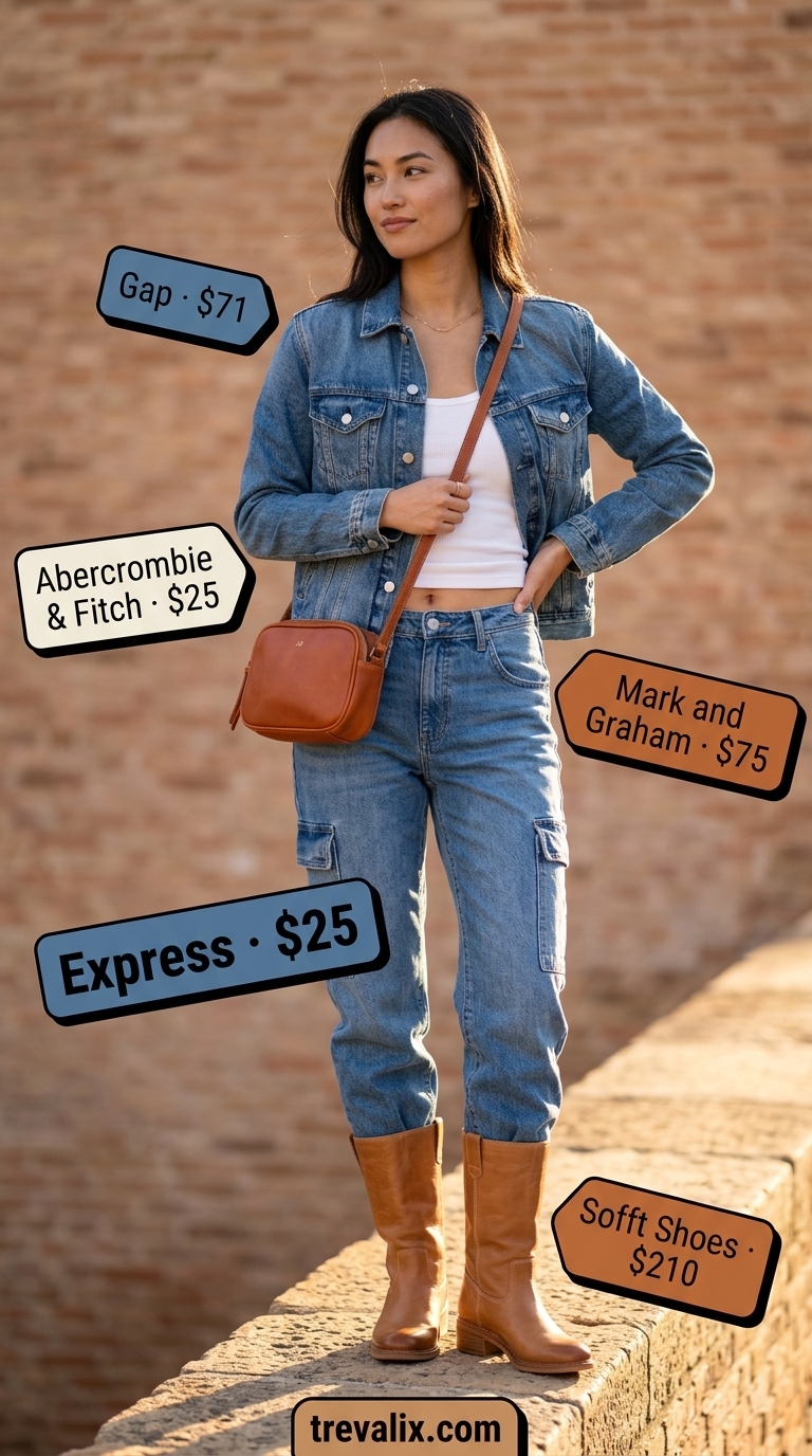 Cargo pant outfits summer for women 2026: Denim cargos, white tank, denim jacket, tan boots for a cool look.