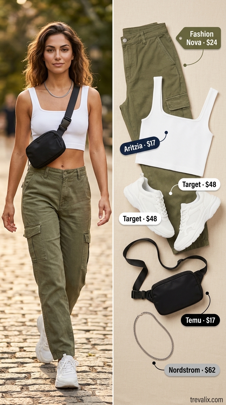 Cargo pant outfits summer for women 2026: Olive green cargos, white crop tank, black belt bag, and athletic sneakers for streetwear.