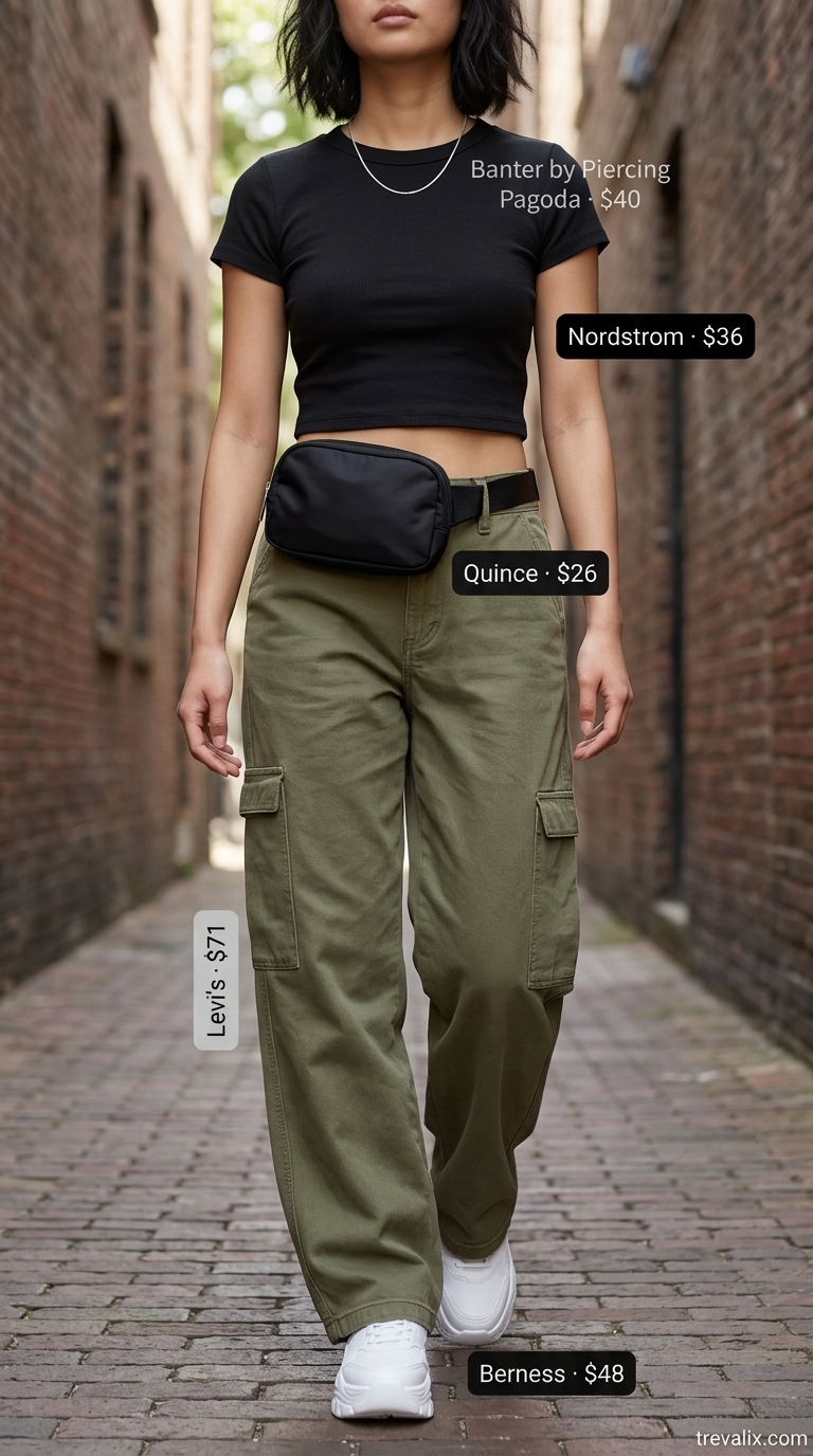 Cargo pant outfits summer for women 2026: Olive wide-leg cargos, black crop top, chunky sneakers for urban cool.