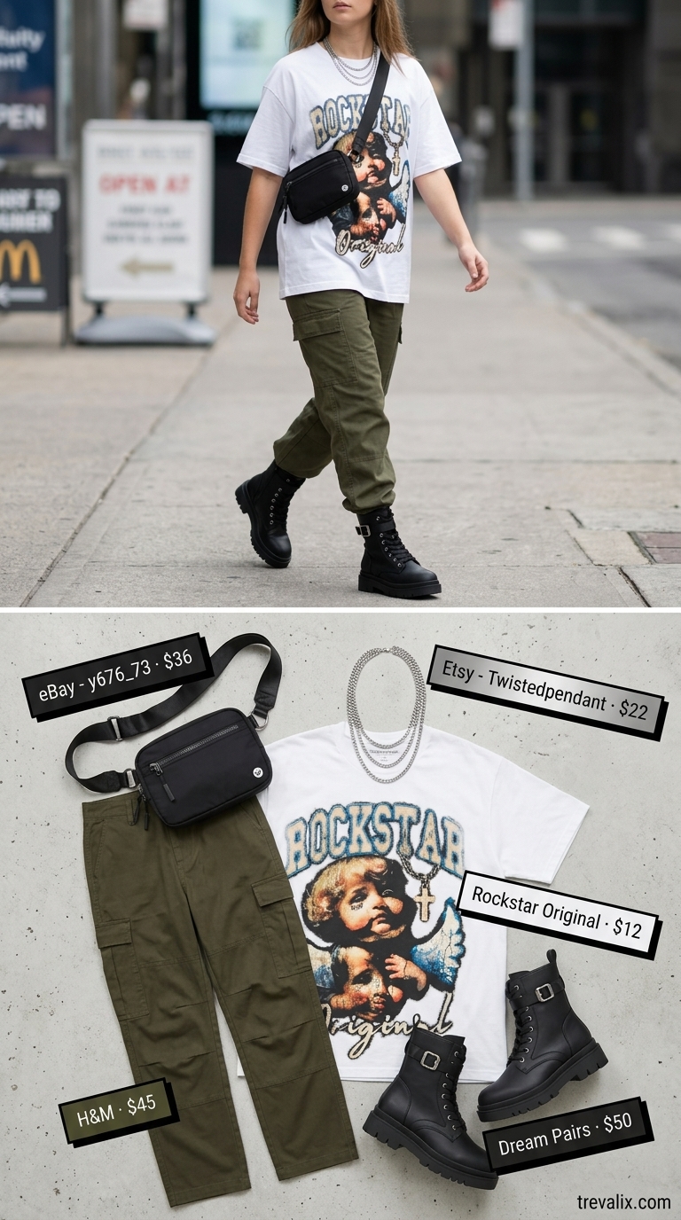 Cargo pant outfits summer for women 2026: Khaki green cargos, white graphic tee, black combat boots for urban exploration.