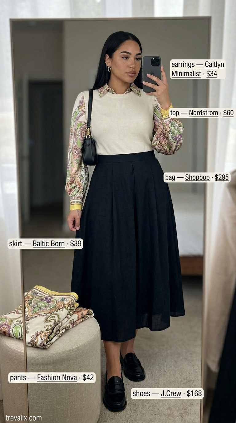 Black A-line midi skirt, cream knit top, and loafers for casual outfits for women with inverted triangle shape 2026.