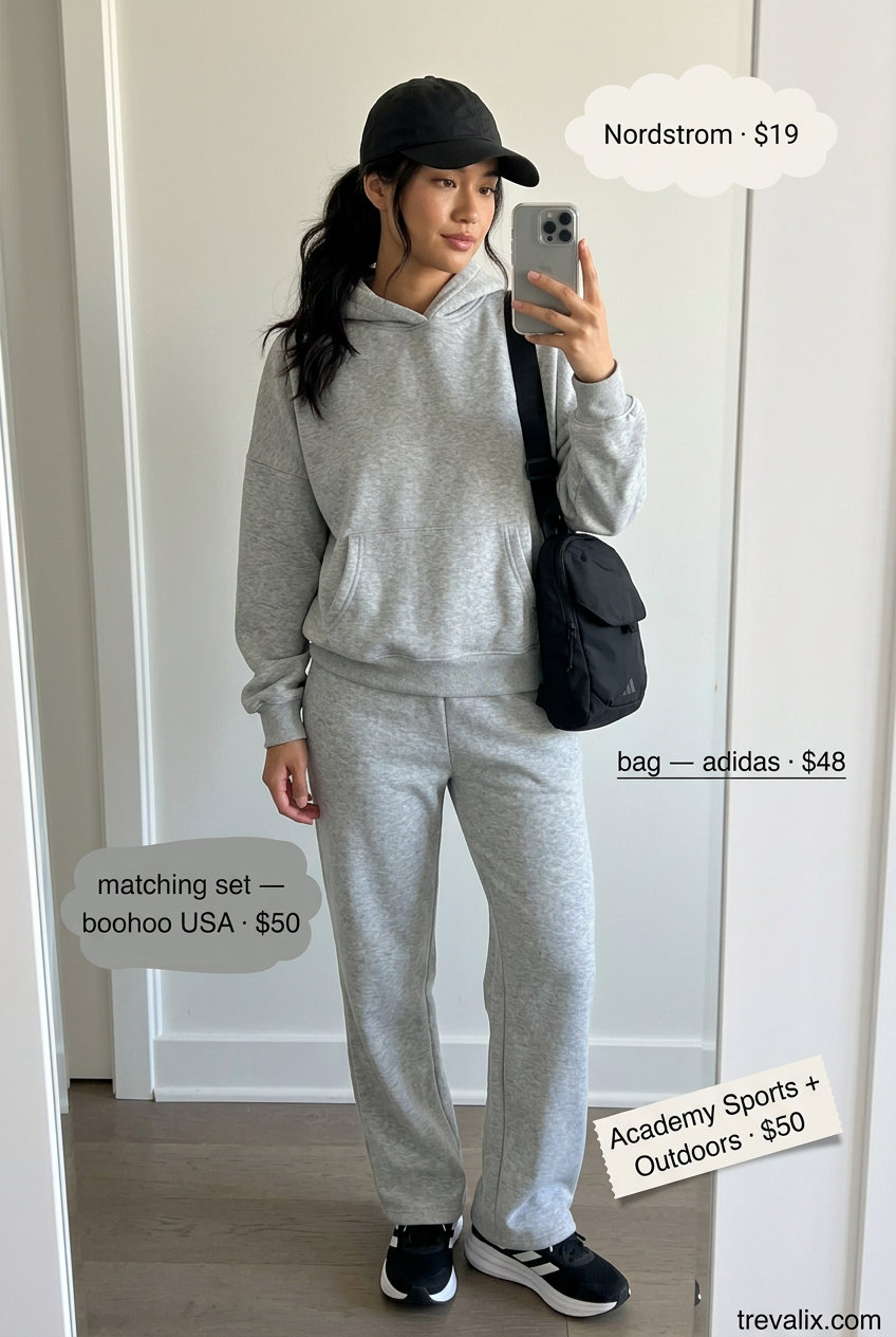 Heather grey athleisure set, black crossbody bag, and sneakers for casual outfits for women with inverted triangle shape 2026.