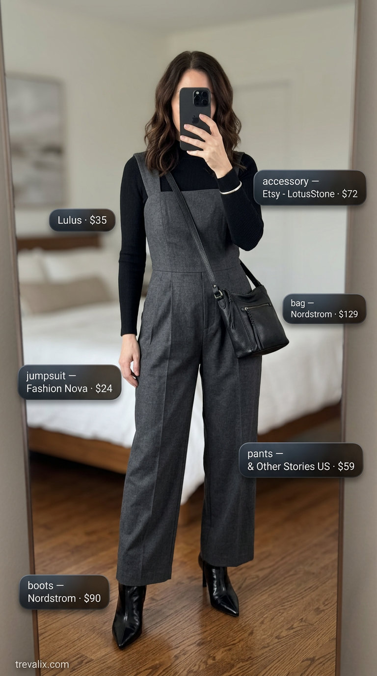 Charcoal cropped trousers, black mock neck top, and ankle boots for casual outfits for women with inverted triangle shape 2026.