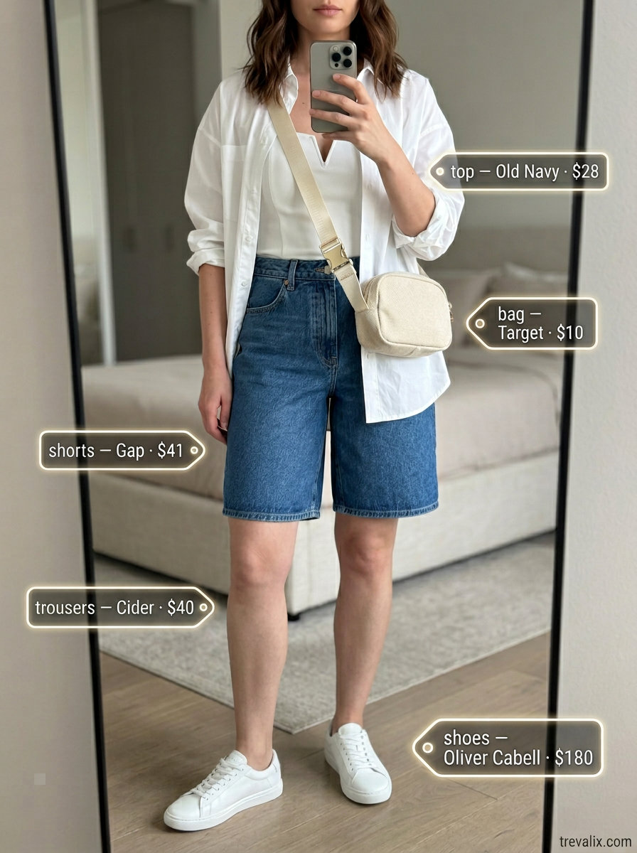 Denim shorts, oversized white shirt, and canvas belt bag for casual outfits for women with inverted triangle shape 2026.