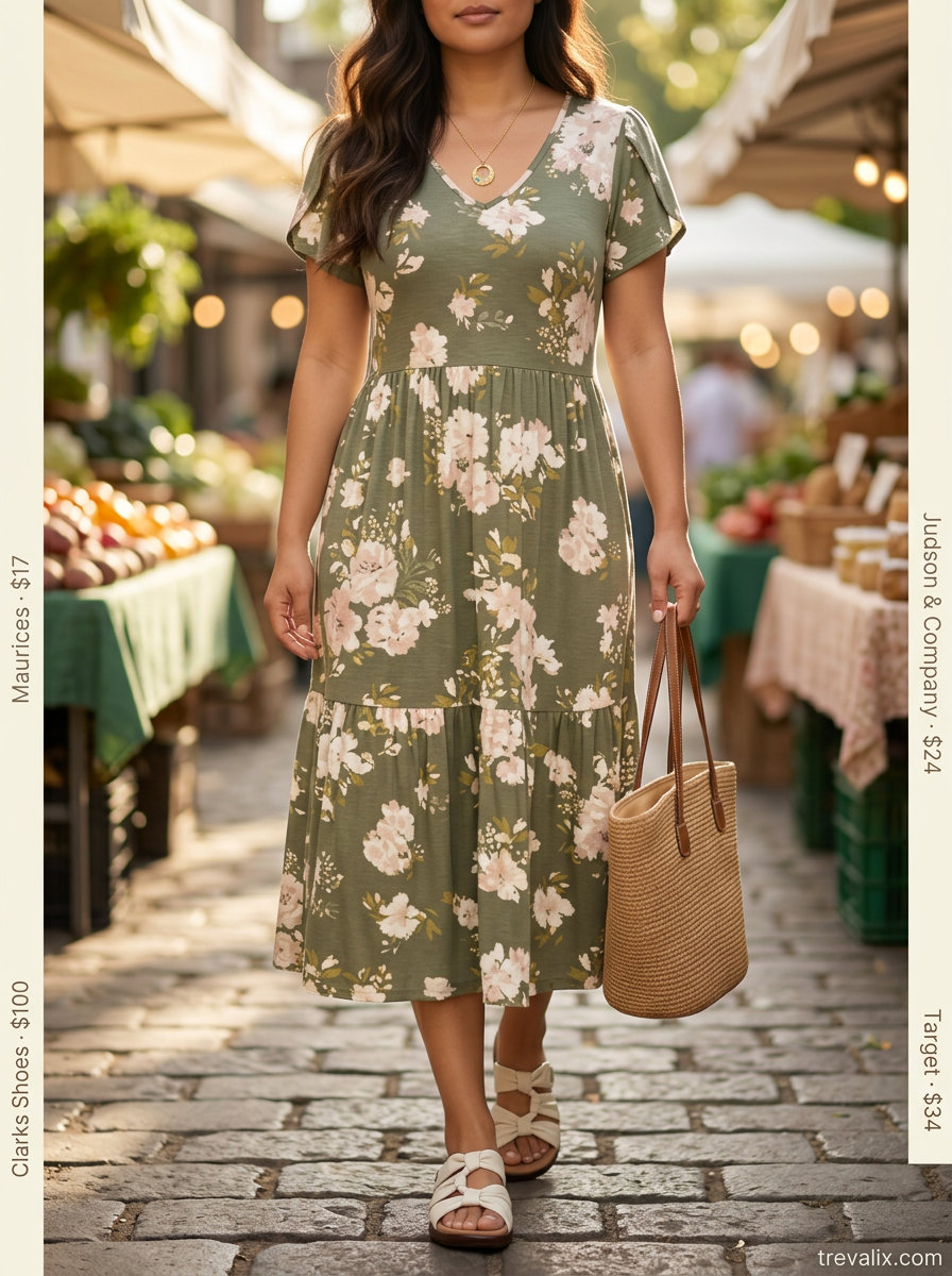 Dusty rose floral dress, cream slides, and straw tote for casual outfits for women with inverted triangle shape 2026.