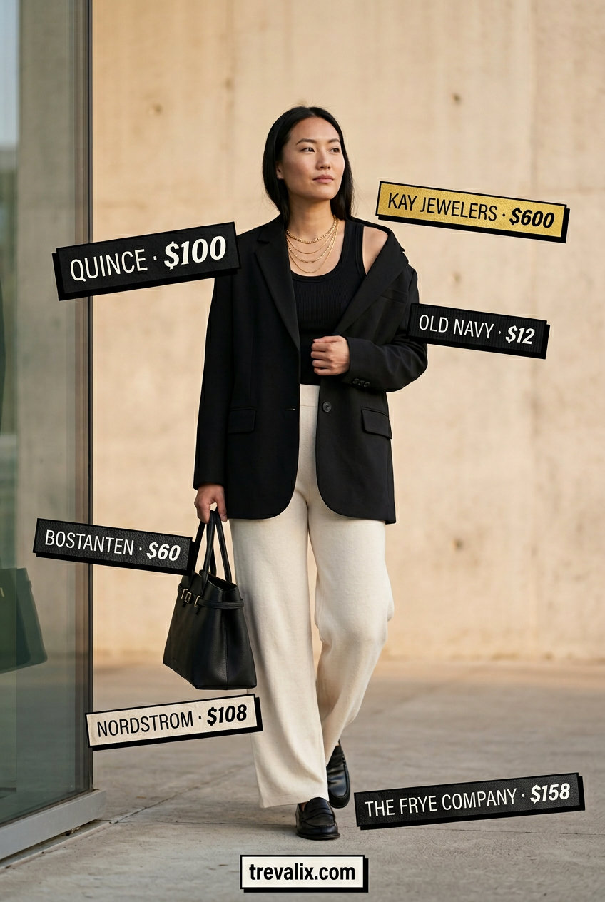 Cream wide-leg knit pants, black blazer, and loafers for casual outfits for women with inverted triangle shape 2026.