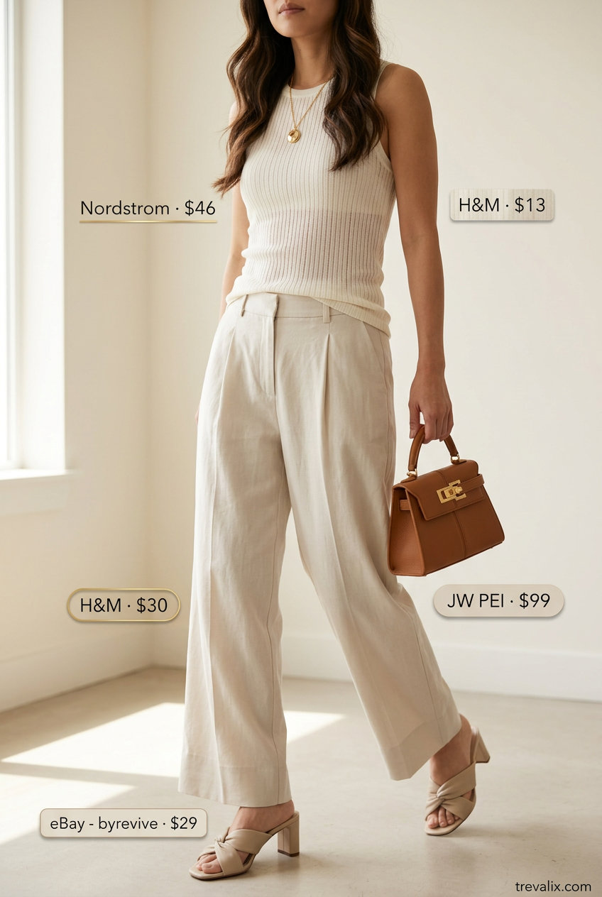 Beige linen blazer set with cream tank and mules for casual outfits for women with inverted triangle shape 2026.