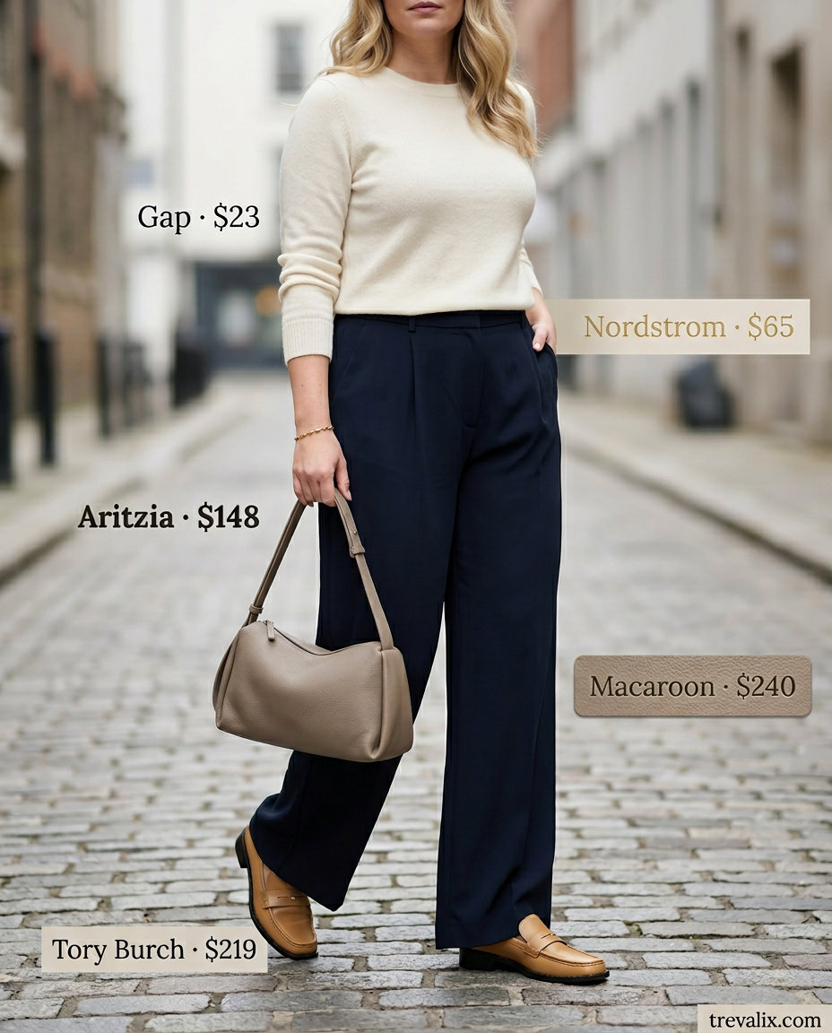 Navy wide-leg pants, cream sweater, and tan loafers for casual outfits for women with inverted triangle shape 2026.